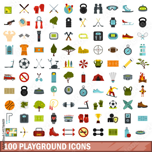 100 playground icons set, flat style