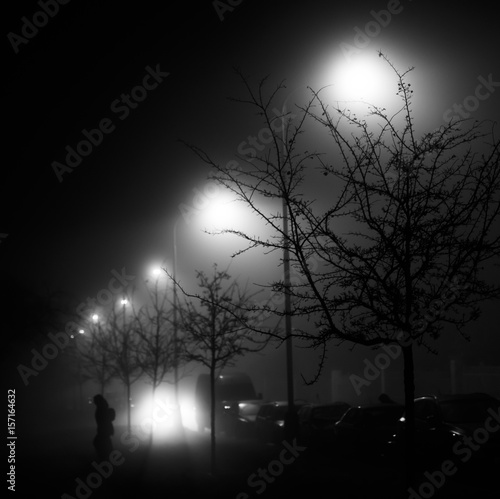 A black and white photo of a street at night with street lights shining behind the trees and silhouette of a person on a foggy night