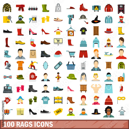 100 rags icons set, flat style