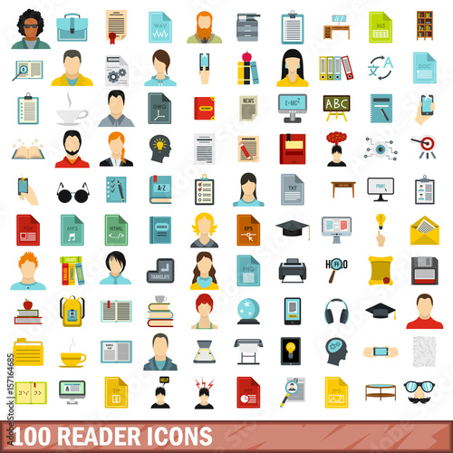 100 reader icons set, flat style