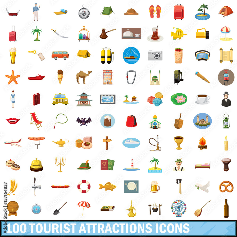 Fototapeta premium 100 tourist attractions icons set, cartoon style