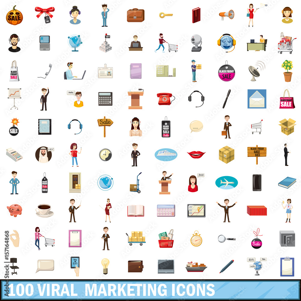 100 viral marketing icons set, cartoon style 100 viral marketing icons set, cartoon style