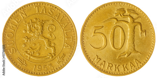 50 markkaa 1953 coin isolated on white background, Finland