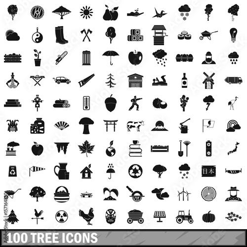 100 tree icons set, simple style 
