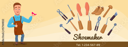 Shoemaker cartoon character banner or poster with cobbler tools set colorful vector illustration including carpenter repair instruments, shoe machines, boots, sewing machine, glue, threads, brushes