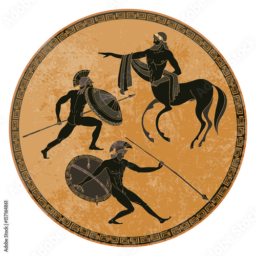 Ancient Greek mythology set. Ancient Greece scene. Black figure pottery. Classical Ancient Greek style. Gods, hero, mythology