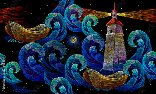 Embroidery lighthouse boat sea waves seamless pattern. Classical embroidery impressionism style lighthouse and storm in ocean seamless background. Template for clothes, textiles, t-shirt design