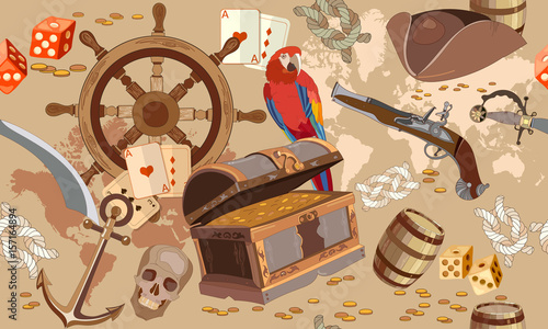 Old pirate treasure map seamless pattern. Treasure chest, parrot steering wheel skull, rum saber pirate hat. Adventure stories seamless background photo