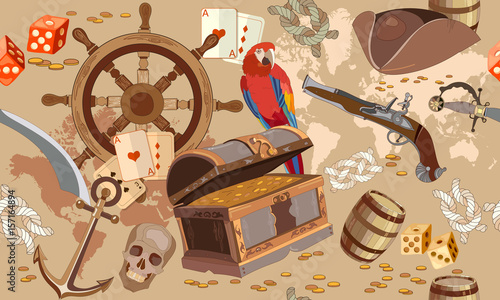 Old pirate treasure map seamless pattern. Treasure chest, parrot steering wheel skull, rum saber pirate hat. Adventure stories seamless background