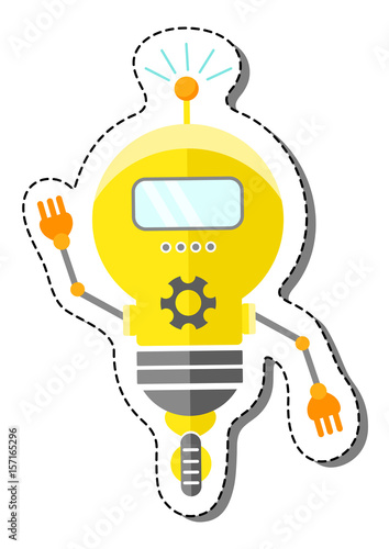Yellow Cartoon Robot Character In Lightbulb Form On Wheel. Isolated vector robot sticker.