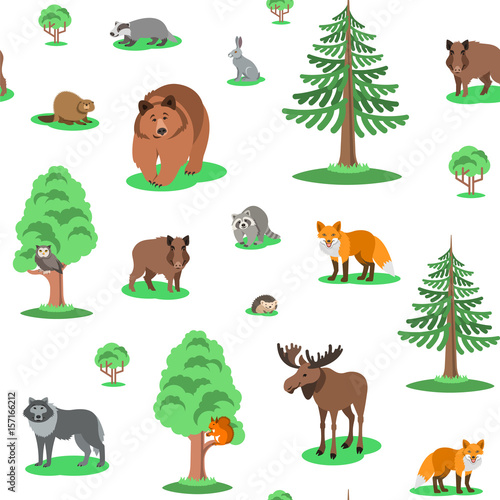 Cute forest animals seamless background pattern. Vector cartoon illustration. Wild zoo mammals with green trees on white backdrop. Kids wallpaper  wrapping paper  textile print  book cover design