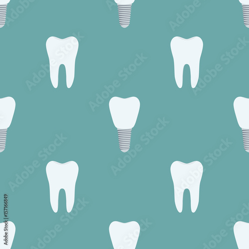 Seamless pattern of tooth, implant, prothesis. Made in flat style