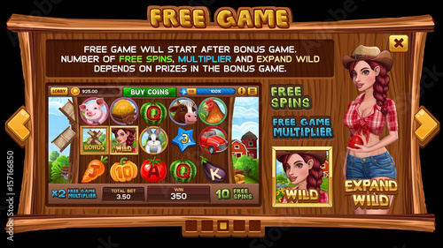 Info screen for slot game on wooden background. Vector illustration