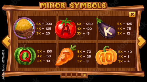 Info screen for slot game on wooden background. Vector illustration