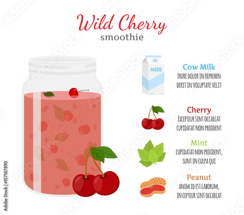 Cherry smoothie, organic recipe, fresh ingredients - mint, berries, milk, nuts