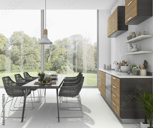 Obraz na plátně 3d rendering nice dining table near wood kitchen bar near garden view