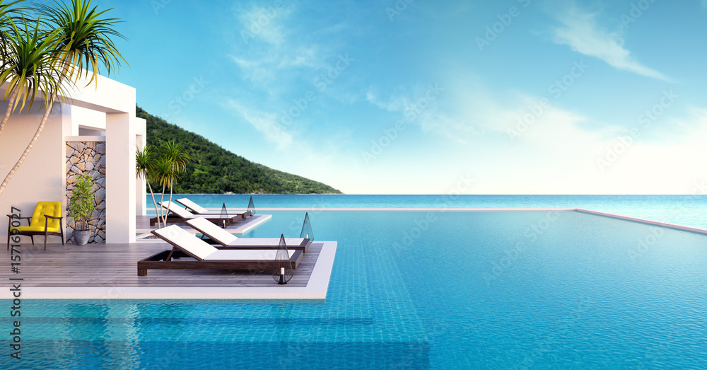 Beach lounge ,sun loungers on Sunbathing deck and private swimming pool with  panoramic sea view at luxury villa/3d rendering - obrazy, fototapety, plakaty 