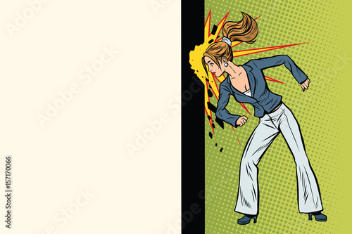 Businesswoman punches the wall with his head