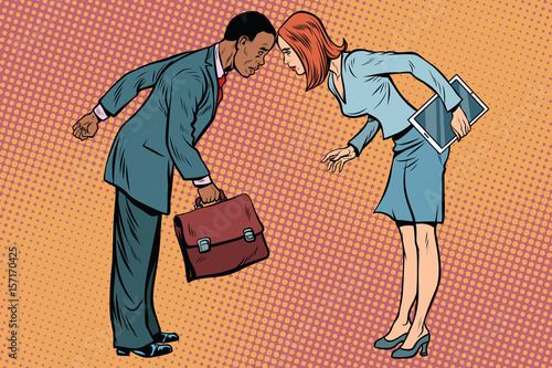 Two businessman in conflict. Racial and sexual discrimination
