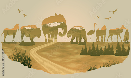 Canvas Print Vector Double exposure, Wild animals