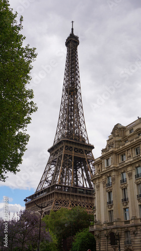 Photo of Eiffel tower on a cloudy spring day, Paris, France © aerial-drone