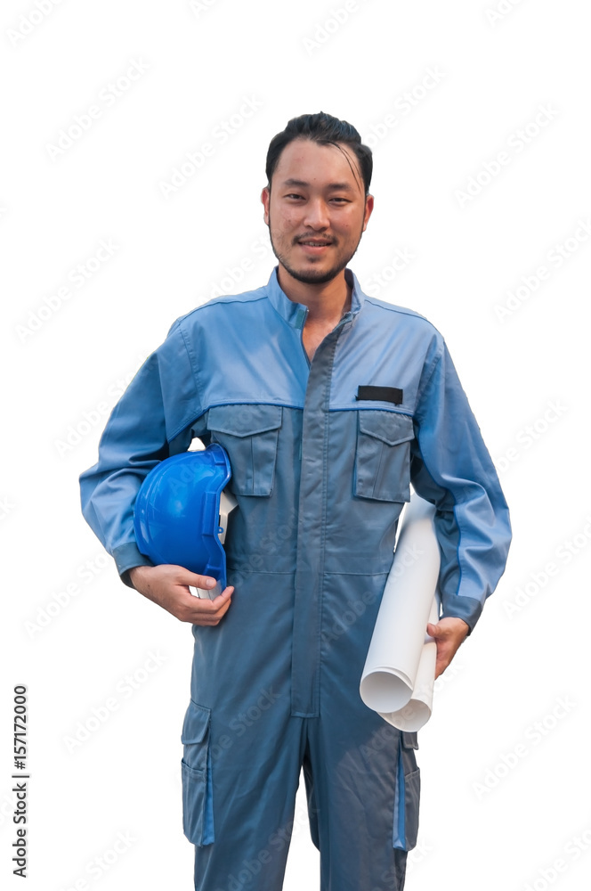Portrait Asian engineer man hold blue safety helmet with work drawing, clipping path included. Portrait Asian engineer man hold blue safety helmet with work drawing, clipping path included.