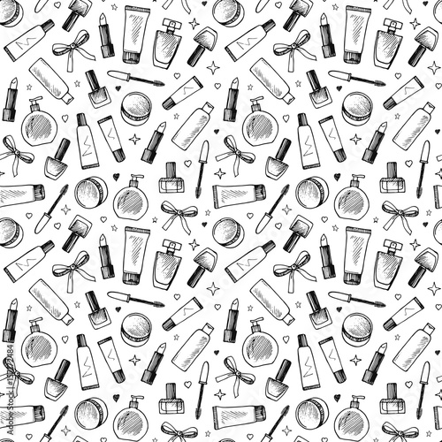 Hand drawn seamless pattern of cosmetics. Vector illustration on white background