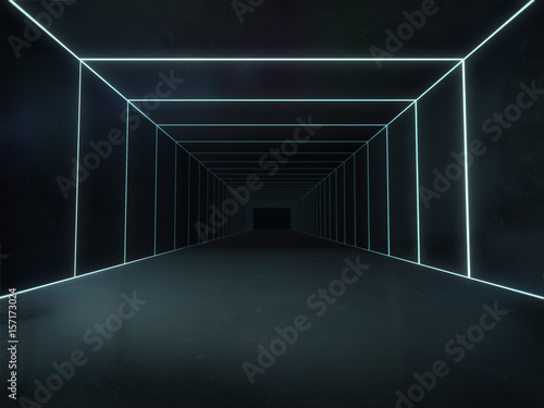 Long dark corridor interior with futuristic light.3D rendering