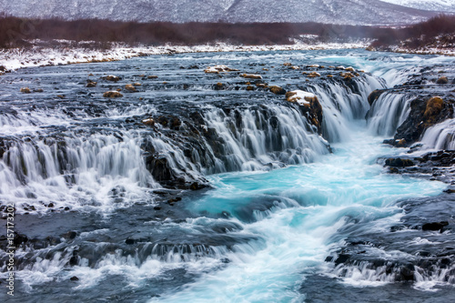 beautiful Bruarfoss waterfall with turquoise water