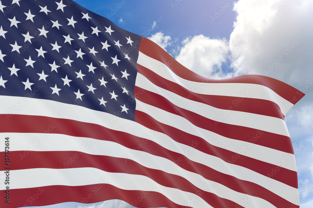 Obraz premium 3D rendering of USA flag waving on blue sky background