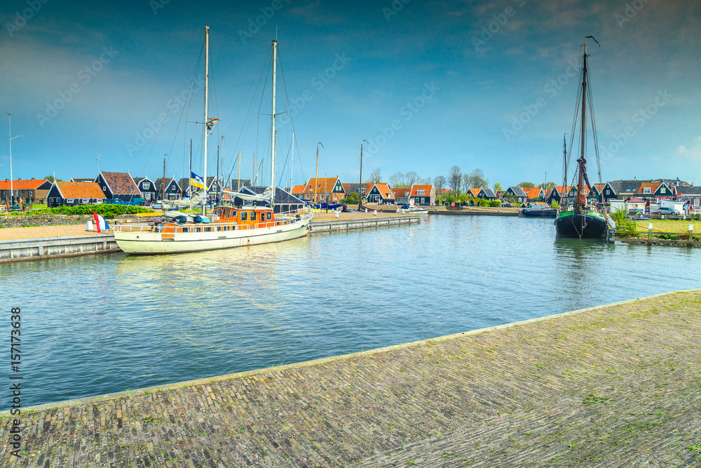 Fabulous dutch fishing village with boats in harbor, Marken, Netherlands