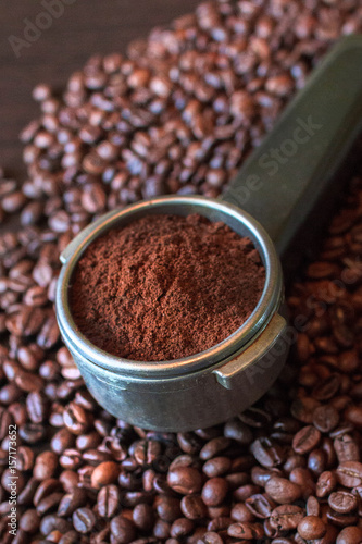 Coffee beans and ground coffee, coffee background