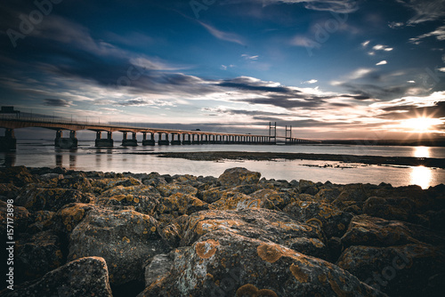 Second Severn Bridge Landscape with Rocks Sunset and blue sky
