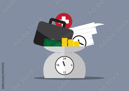 work overtime, work, money, time and health on day clock scales, work life above one day time scales, business balance concept, vector illustration