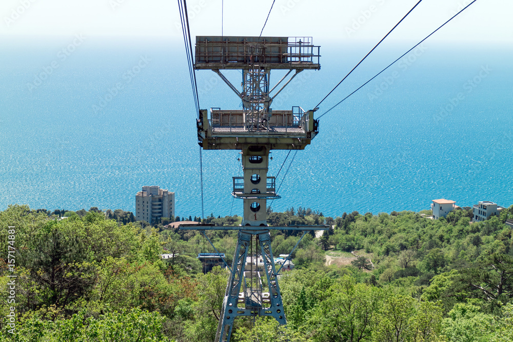 Crimea, cable car to Ai-Petri mountain view from the cabin funicular at sea and interchange area