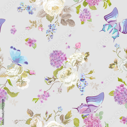 Colorful Flowers Background with Butterflies. Seamless Floral Shabby Chic Pattern in vector