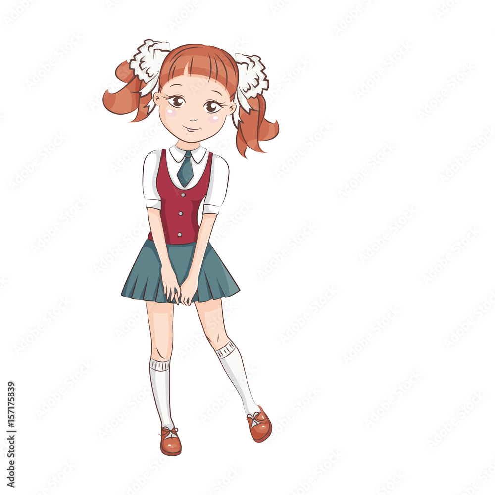 Cute little girl in school uniforms. Hand drawn illustration isolated on white background. Cute little girl in school uniforms. Hand drawn illustration isolated on white background.