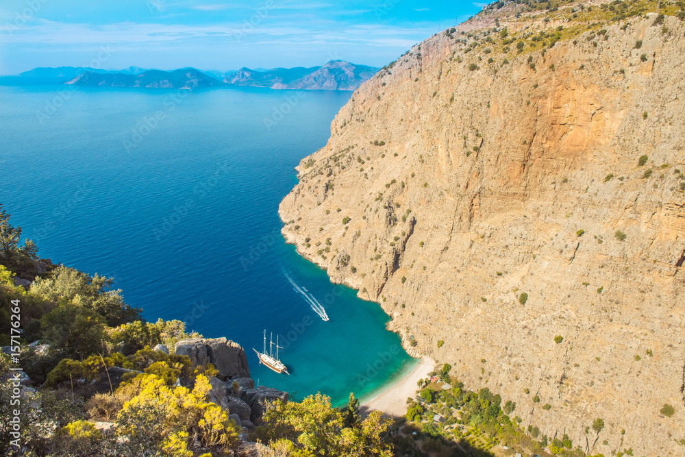 Fototapeta premium Butterfly valley sea view and boat Oludeniz,Turkey