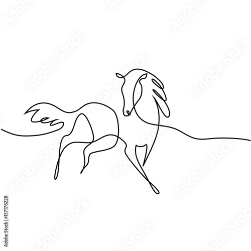 Naklejka Ciągły jeden rysunek liniowy. Logo konia. Czarno-biały ilustracja wektorowa. Koncepcja logo, karty, baner, plakat, ulotka