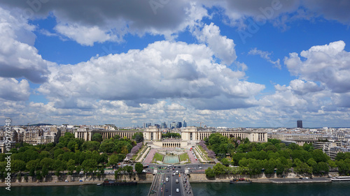 Aerial view of Trocadero gardens from Eiffel tower with beautiful scattered clouds, Paris, France