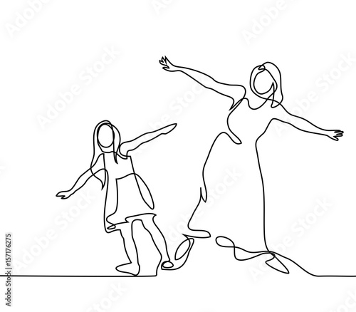Continuous line drawing. Family with mother and girl in fly. Vector illustration