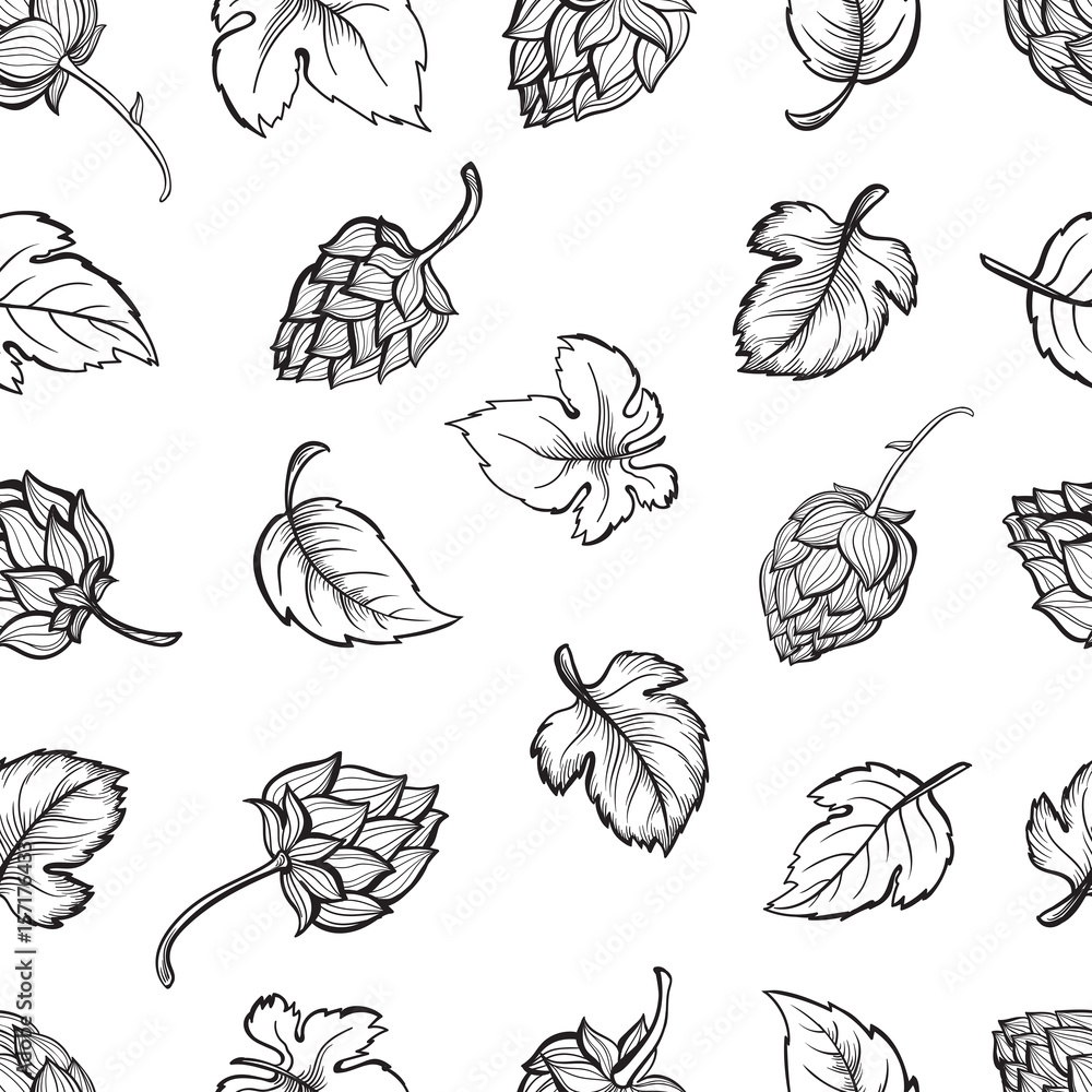 Hand drawn engraving style Hops Seamless pattern. Common hop or Humulus lupulus branch with leaves and cones. Black and white Vector Floral background Hand drawn engraving style Hops Seamless pattern. Common hop or Humulus lupulus branch with leaves and cones. Black and white Vector Floral background