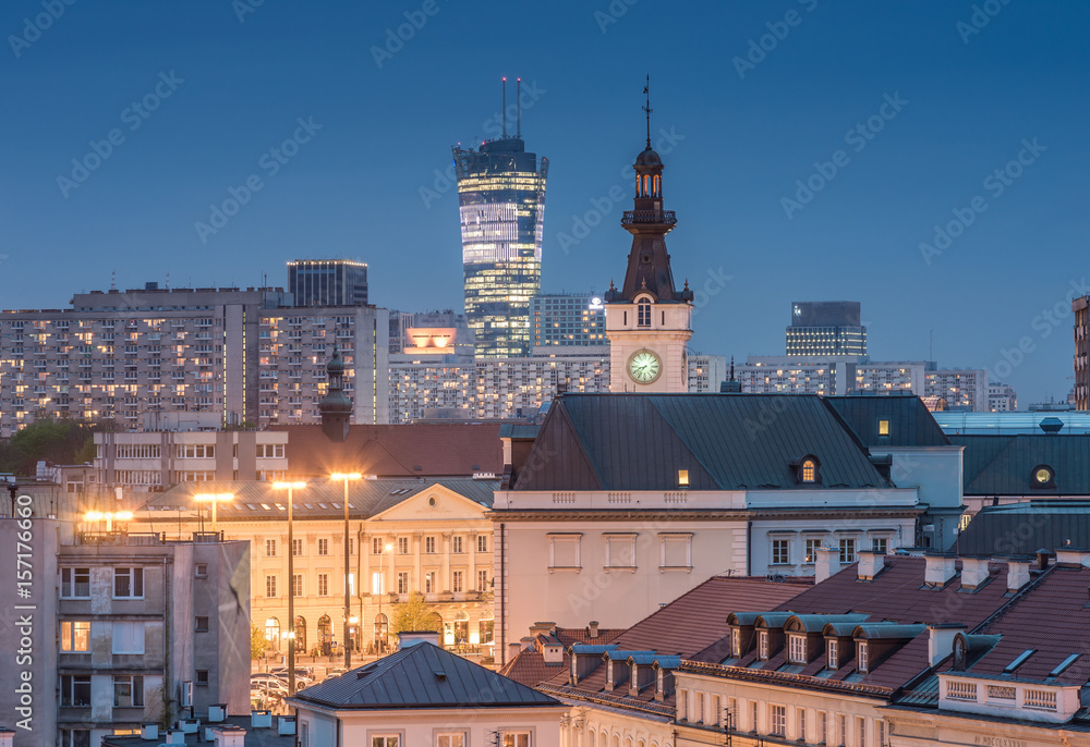 Warsaw, Poland, panorama of city center with modern skyscrapers and old city roofs