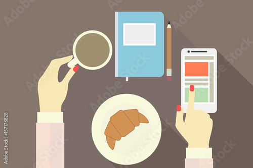 Female hands with cup of coffee and phone with background. Flat design