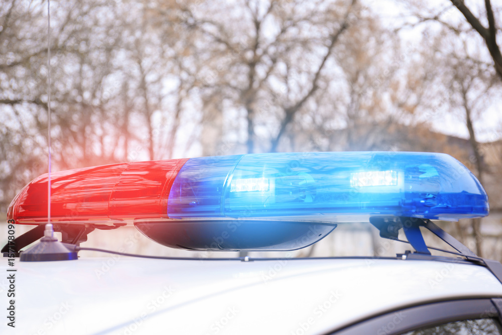 Police car with flasher on street, closeup