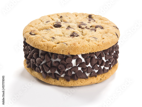 Chocolate Chip Cookie Ice Cream Sandwich on White Background