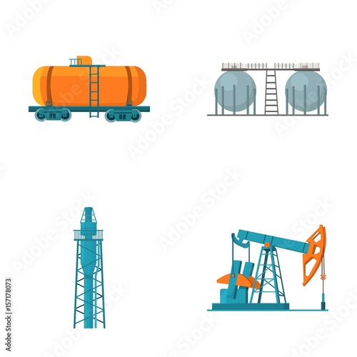 A railway tank, an oil storage, a drilling tower, an oil pump. Oil industry set collection icons in cartoon style vector symbol stock illustration web.