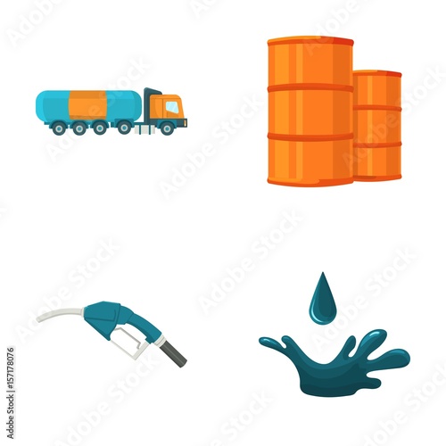 Truck with a cistern, barrels of fuel, a refueling gun, a drop of oil. Oil industry set collection icons in cartoon style vector symbol stock illustration web.