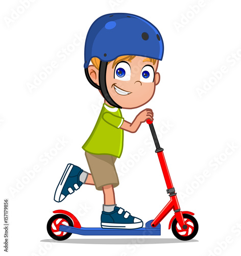 boy in helmet riding scooter 