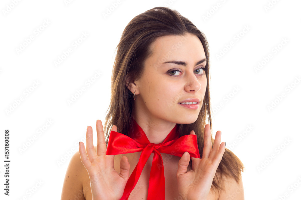 Young woman with red bowtie Young woman with red bowtie